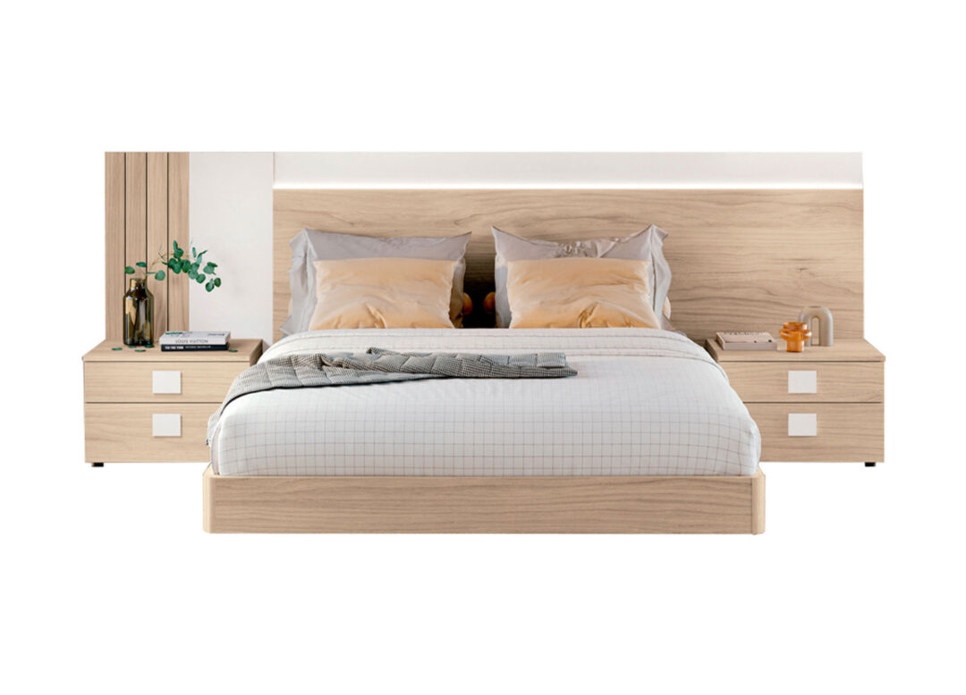 Lit double adulte bois et blanc avec chevets et led