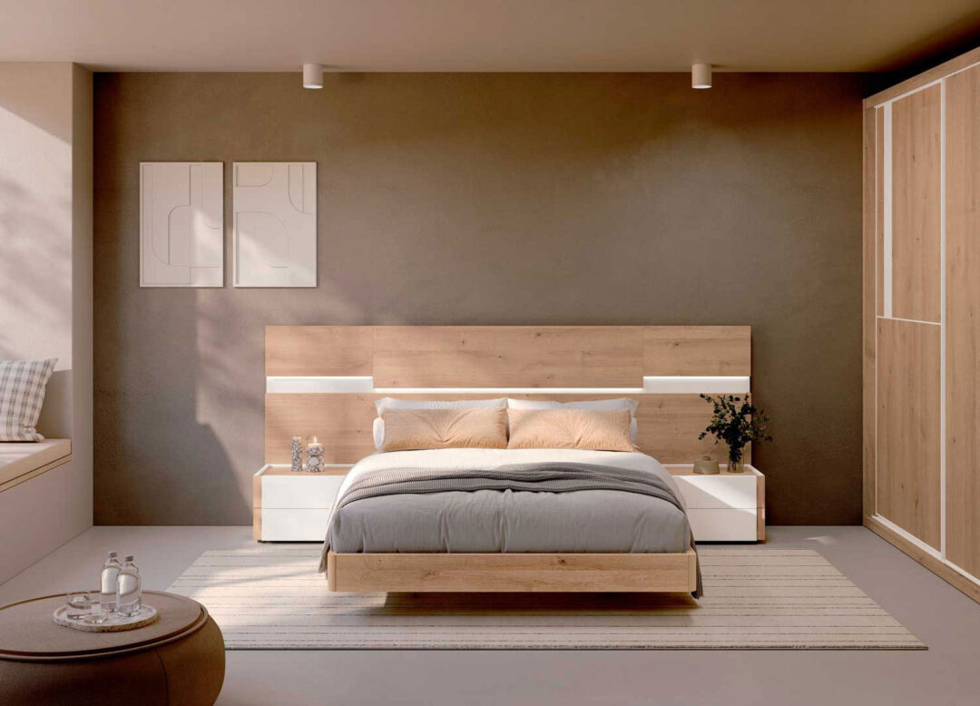 Lit 2 places adulte en bois et blanc avec chevets et bandeau led