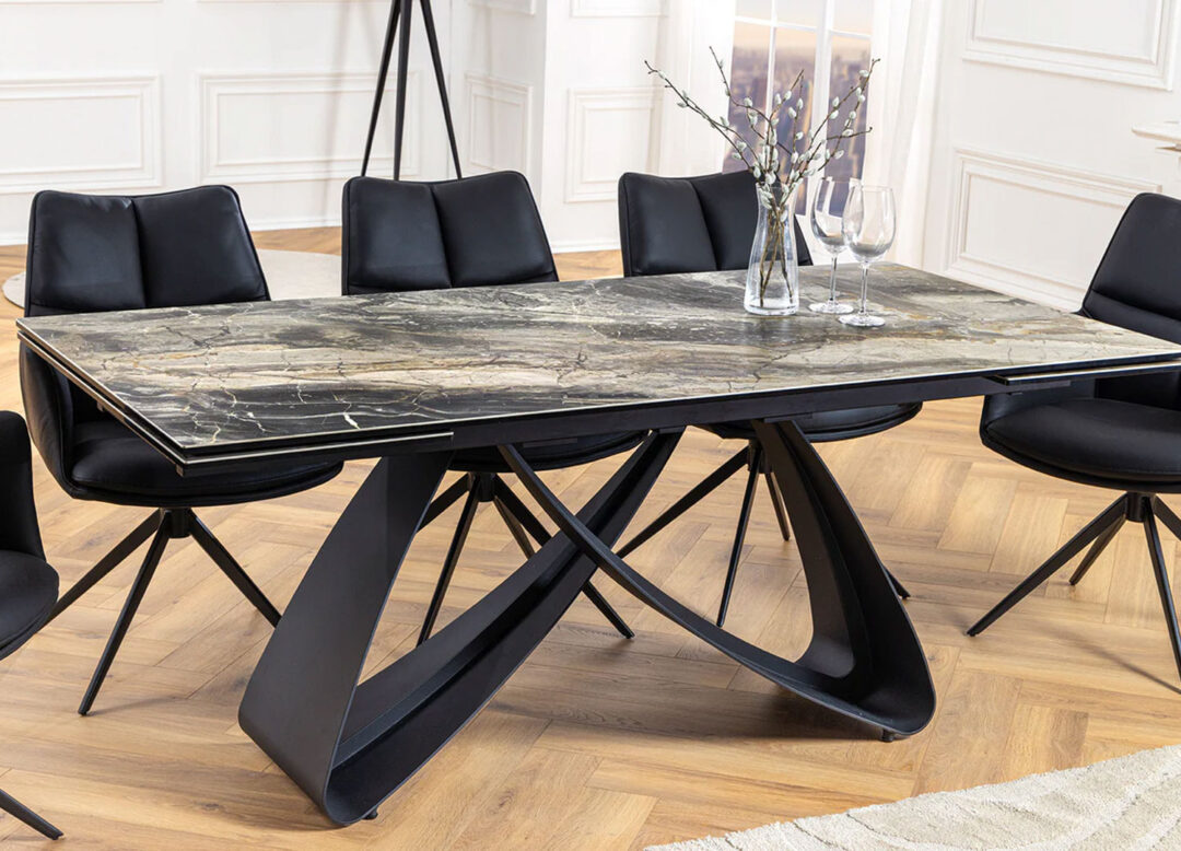 Table de salle à manger extensible taupe piétement ellipse noir