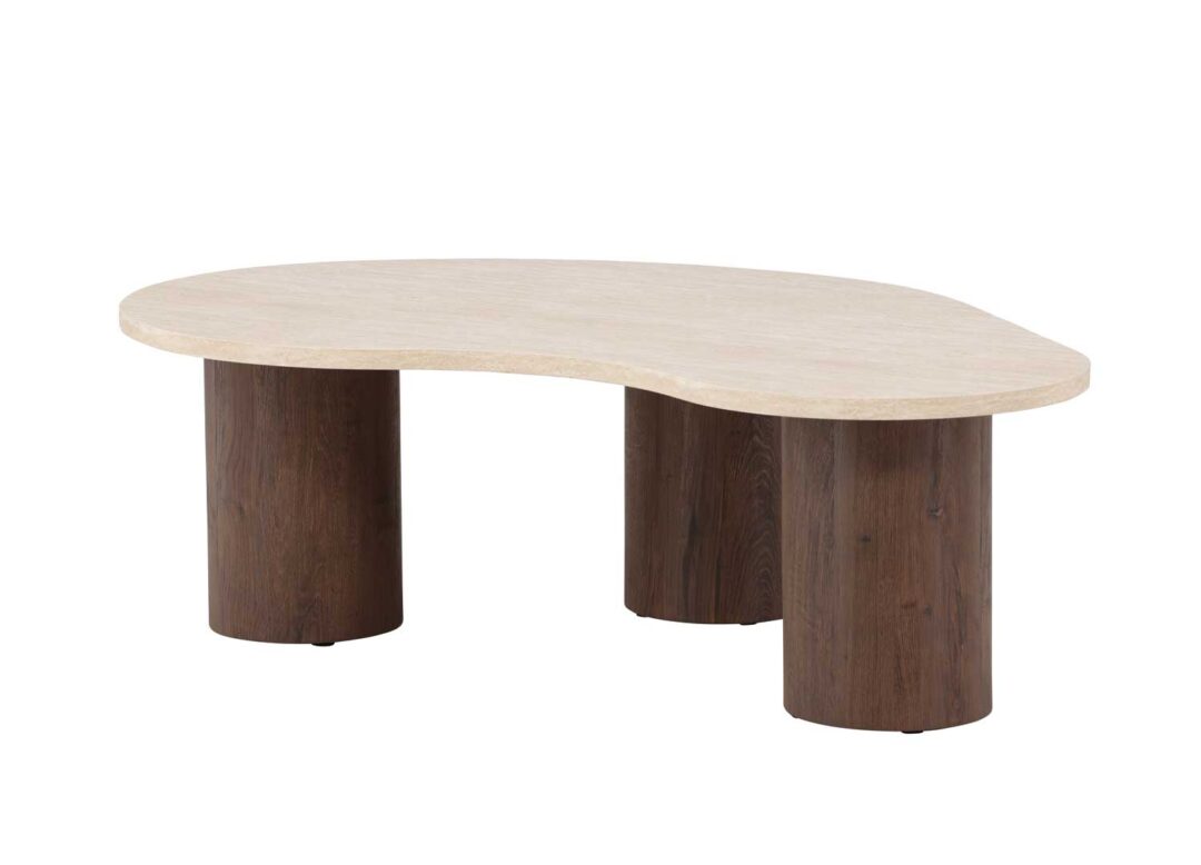Table basse organique aspect travertin et bois moka