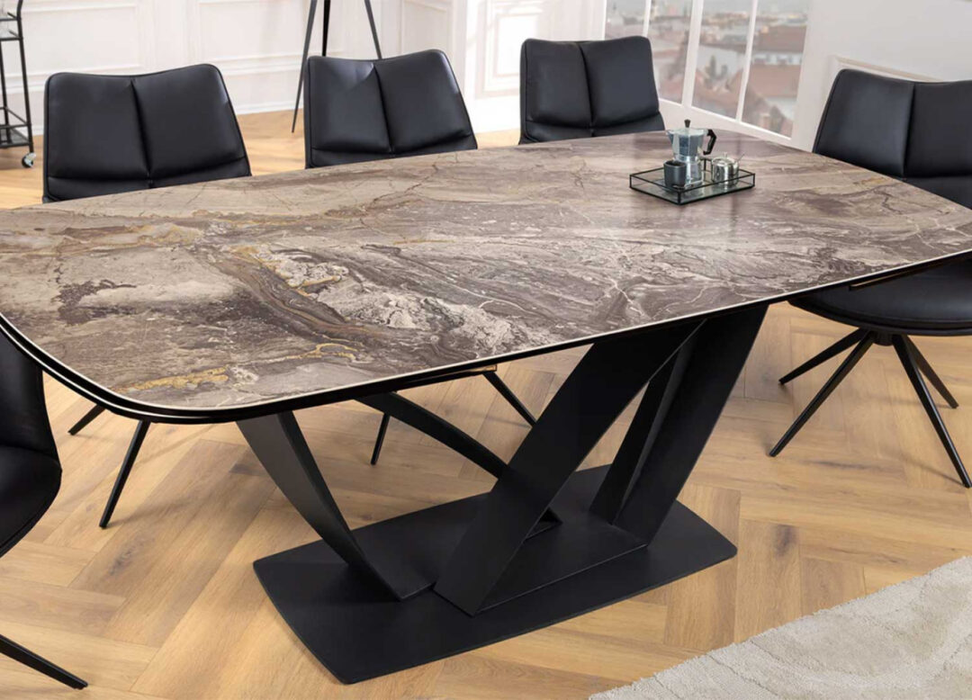 Table de salle à manger aspect marbre taupe extensible