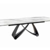 Table de repas extensible blanche marbrée avec piétement en métal noir ellipse