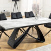 Table de repas extensible blanche marbrée avec piétement en métal noir ellipse