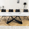 Table de repas extensible blanche marbrée avec piétement en métal noir ellipse