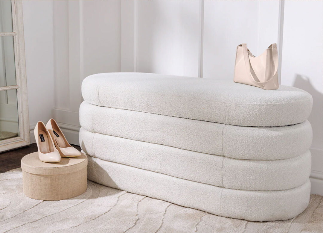 Banc coffre de rangement en tissu bouclé blanc
