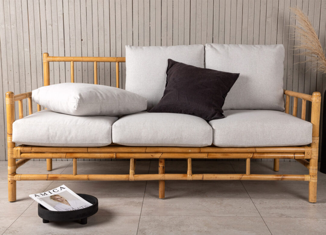 Canapé de jardin en rotin avec coussins gris
