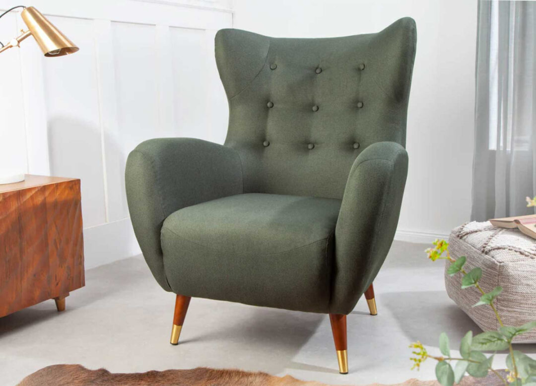 Fauteuil de salon relax en tissu vert rétro