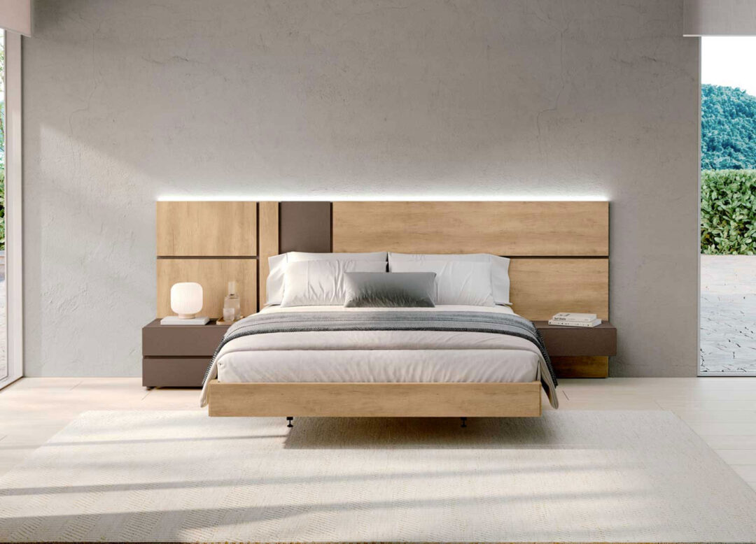 Lit double adulte bois avec tête de lit led et chevets