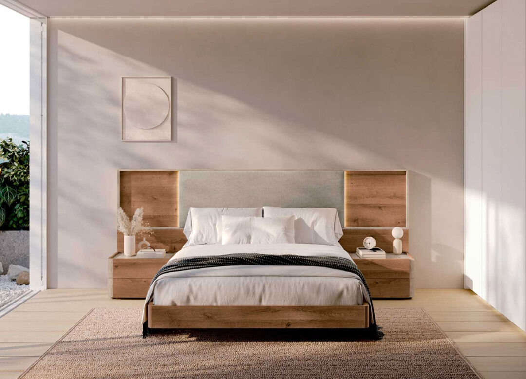 Lit double adulte 160x200cm en bois avec chevets et tête de lit led