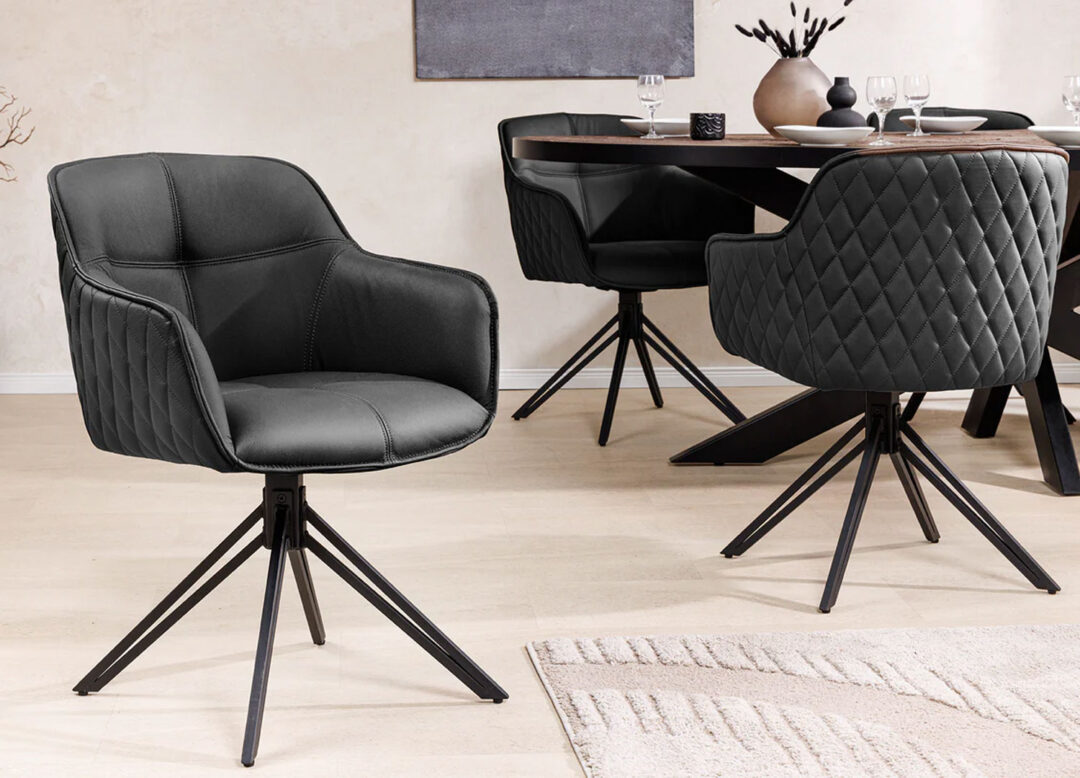 Chaise de séjour en cuir noir rotative à 180°