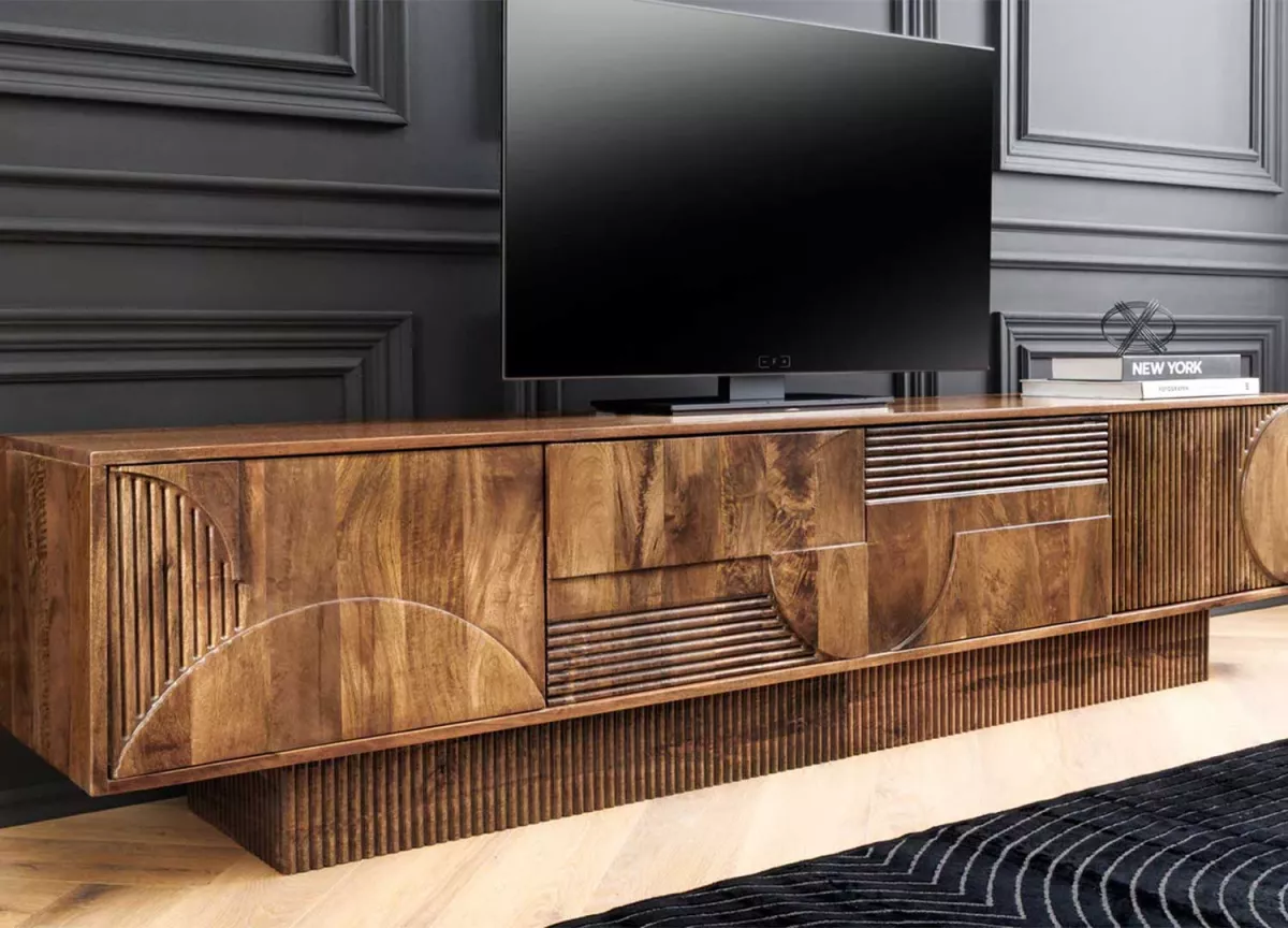 Meuble TV 200cm en bois de manguier sculpté décor 3d