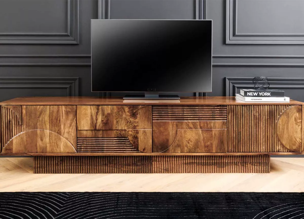 Meuble TV 200cm en bois de manguier sculpté décor 3d