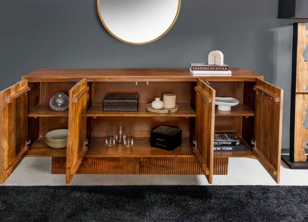 Buffet en bois de manguier 170cm décor 3d en façade