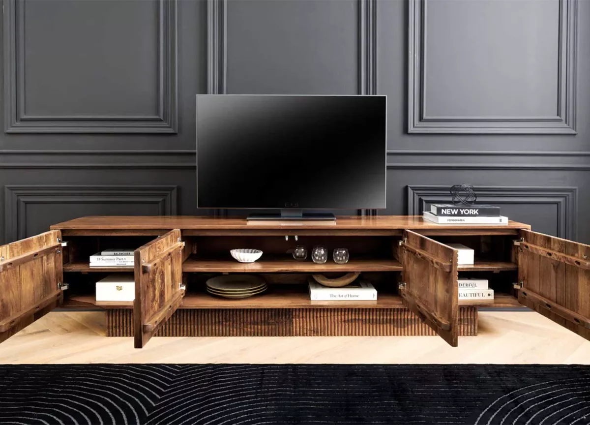 Meuble TV 200cm en bois de manguier sculpté décor 3d