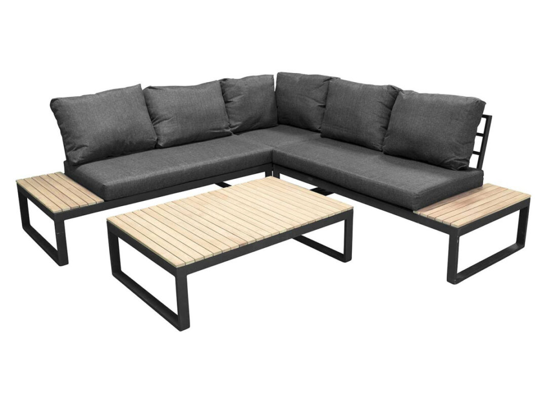 Salon de jardin canapé d'angle avec table basse bois d'acacia
