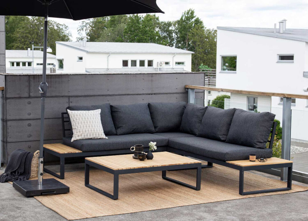 Salon de jardin canapé d'angle avec table basse bois d'acacia