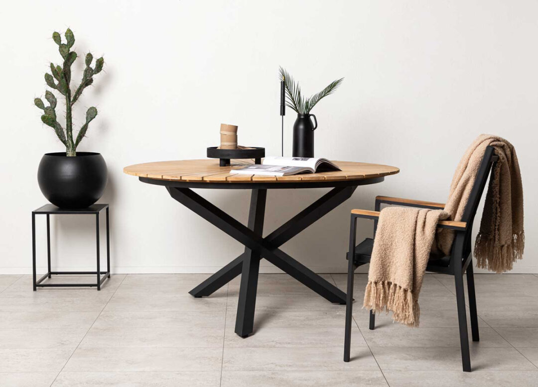 Table de jardin ronde en bois de teck et aluminium noir