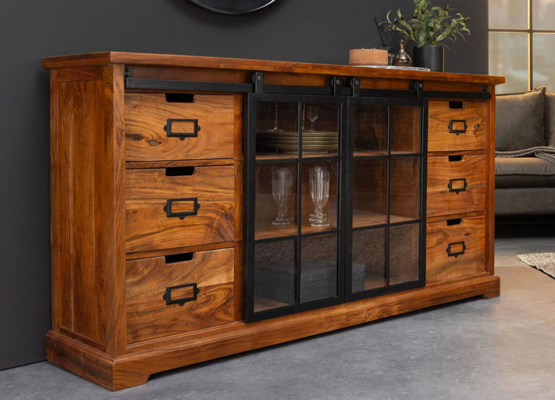 Buffet 2 portes vitrées et 6 tiroirs en bois massif d'acacia