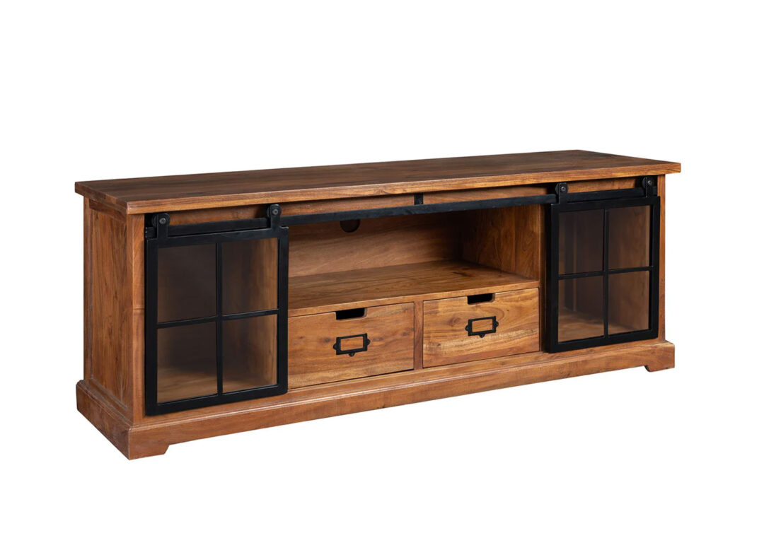Meuble de rangement bois d'acacia massif portes en verre
