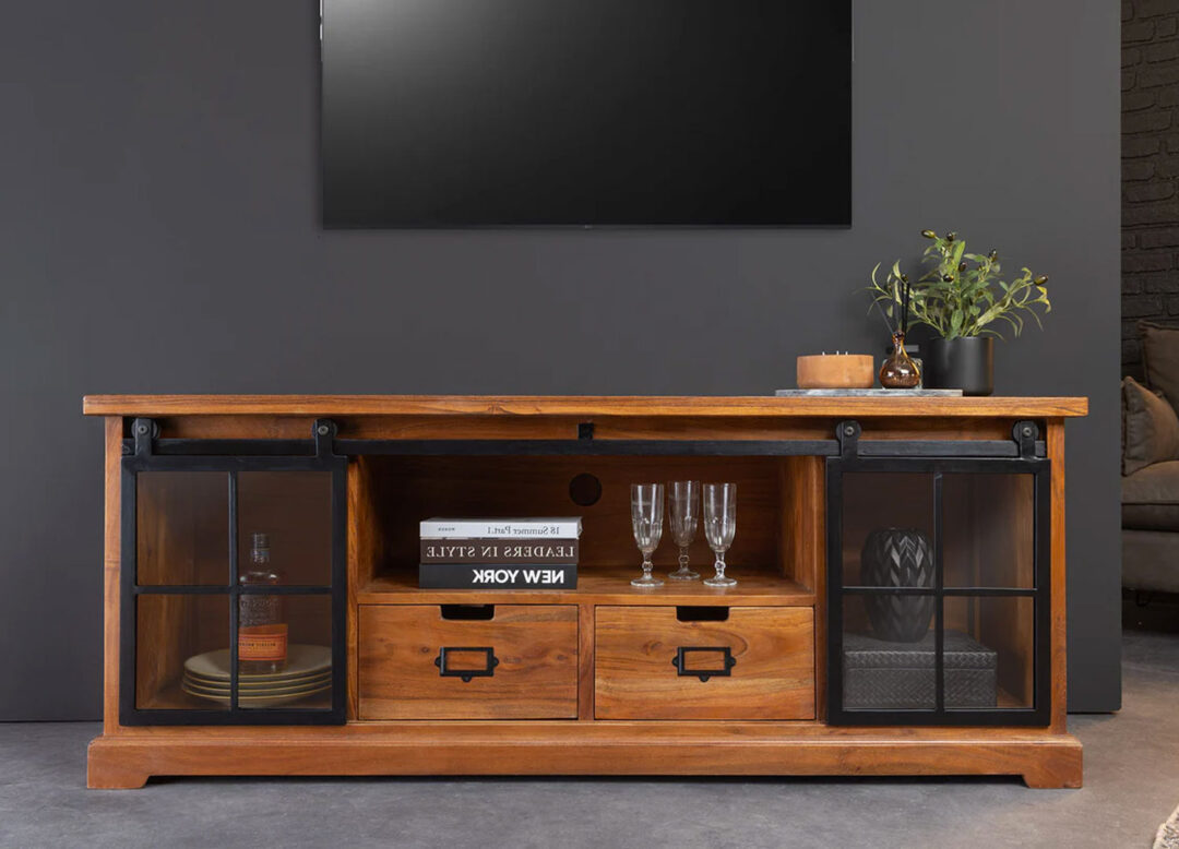 Meuble de rangement bois d'acacia massif portes en verre