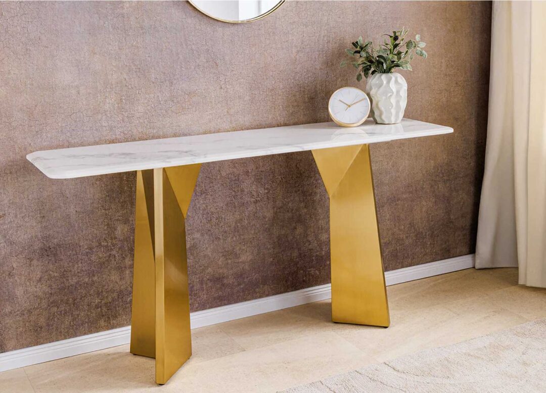 Console en marbre blanc et piétement doré 140 cm