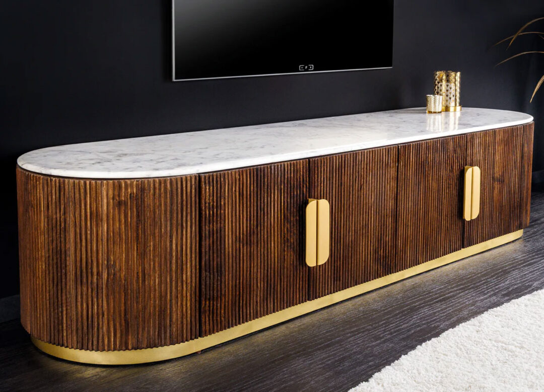 Meuble TV bois et marbre blanc 170cm