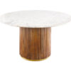 Table à manger ronde plateau en marbre blanc et piétement en bois de manguier strié, diamètre de 140cm