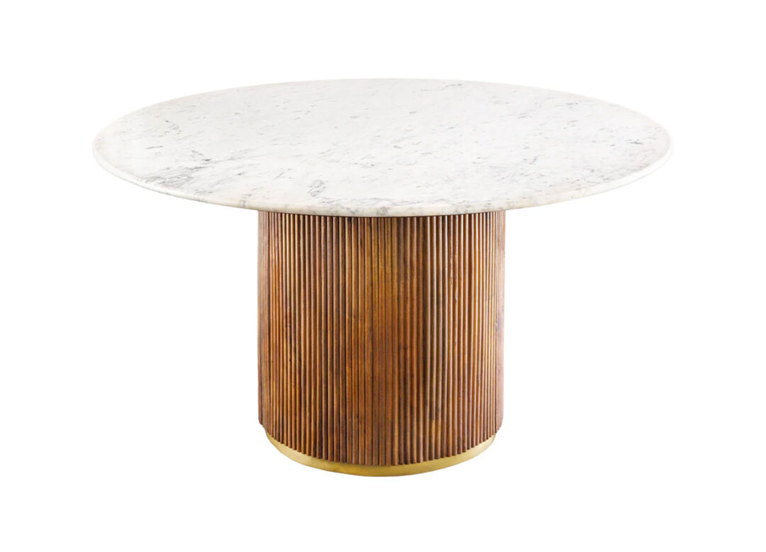 Table à manger ronde plateau en marbre blanc et piétement en bois de manguier strié, diamètre de 140cm