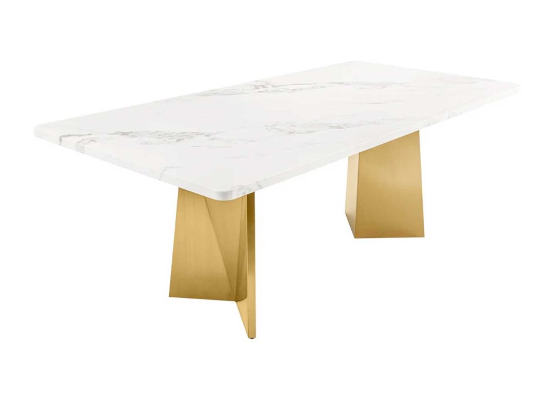 Table à manger en marbre blanc 200 cm pieds en métal doré