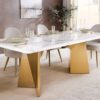 Table à manger en marbre blanc 200 cm pieds en métal doré