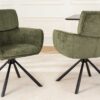Chaise rotative en tissu chenille vert avec accoudoirs