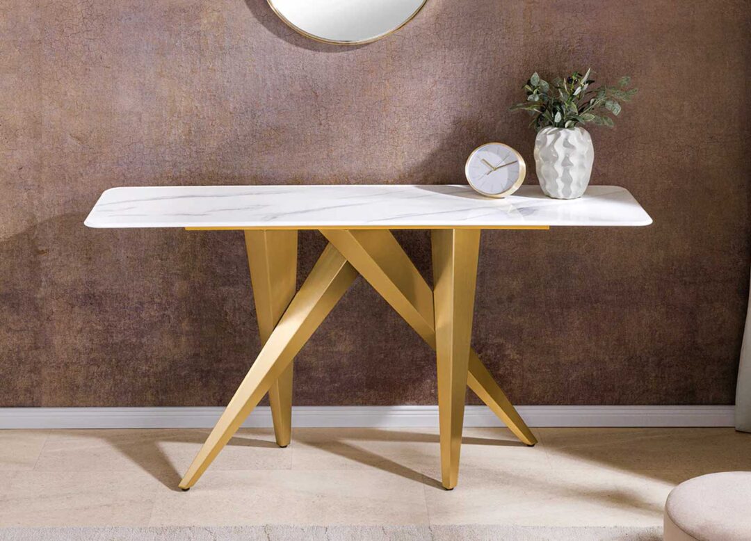 Console 140cm céramique blanc et piétement doré