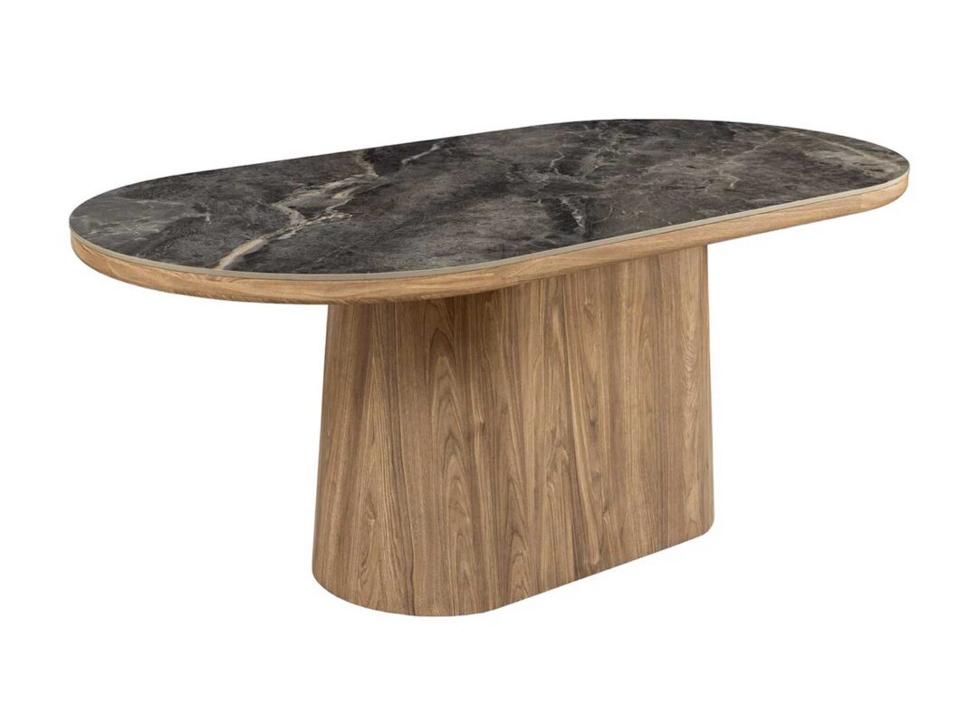 Table de salle à manger ovale aspect marbre gris socle en noyer 200cm