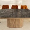Table de salle à manger ovale aspect marbre gris socle en noyer 200cm
