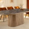 Table de salle à manger ovale aspect marbre gris socle en noyer 200cm