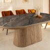 Table de salle à manger ovale aspect marbre gris socle en noyer 200cm