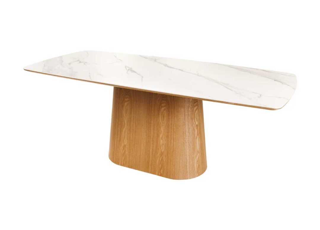 Table à manger rectangulaire 200cm aspect marbre blanc et bois de noyer
