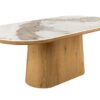Table de repas ovale aspect marbre blanc et piétement noyer clair