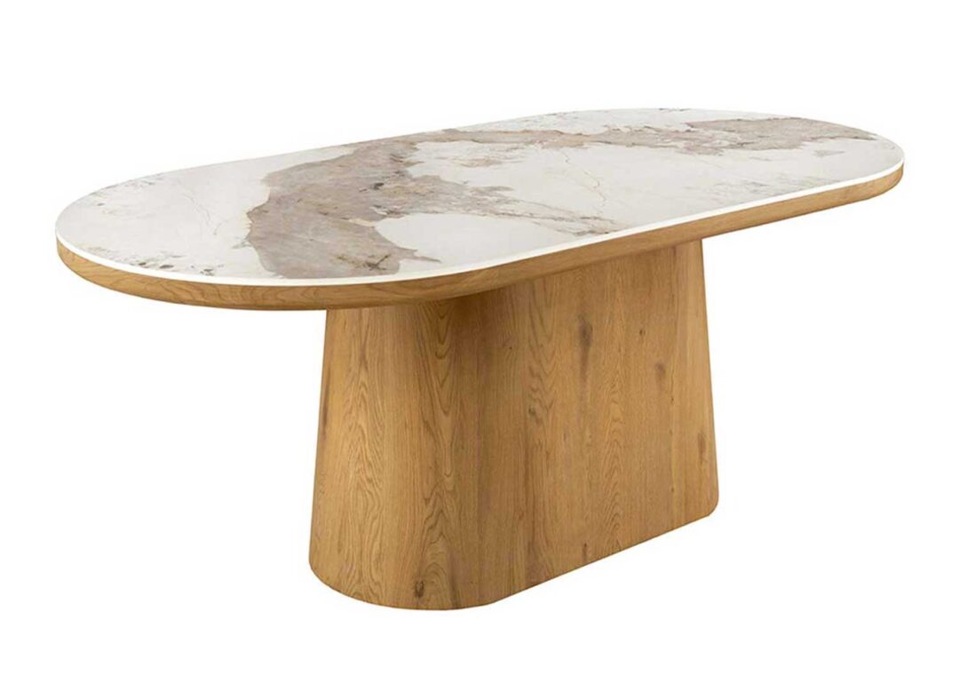 Table de repas ovale aspect marbre blanc et piétement noyer clair