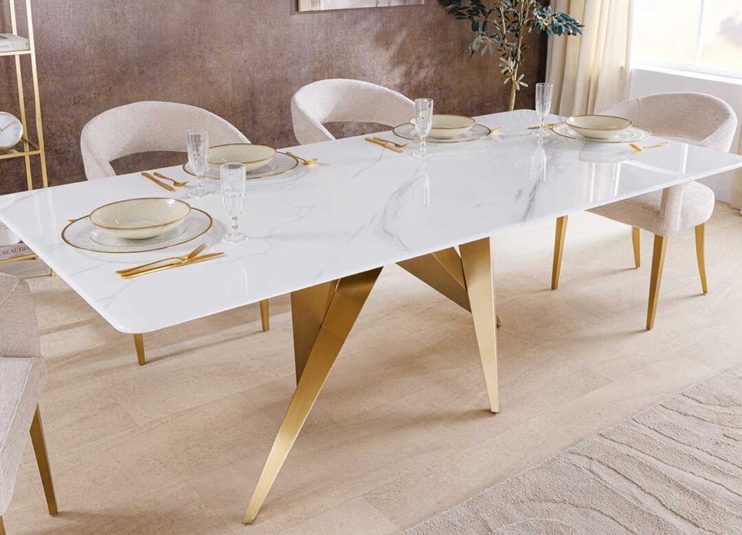 Table de salle à manger 200cm marbre blanc et pieds dorés