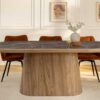 Table de salle à manger ovale aspect marbre gris socle en noyer 200cm