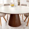 Table à manger ronde 120cm aspect bois de noyer et marbre blanc