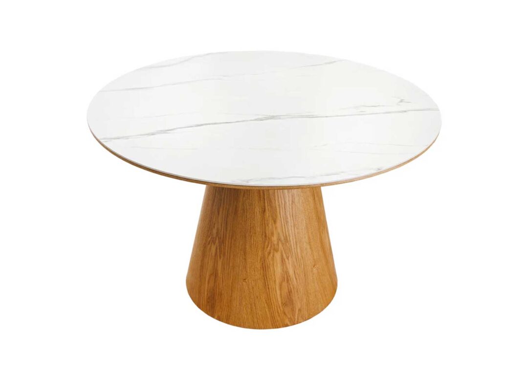 Table à manger ronde aspect marbre blanc et bois