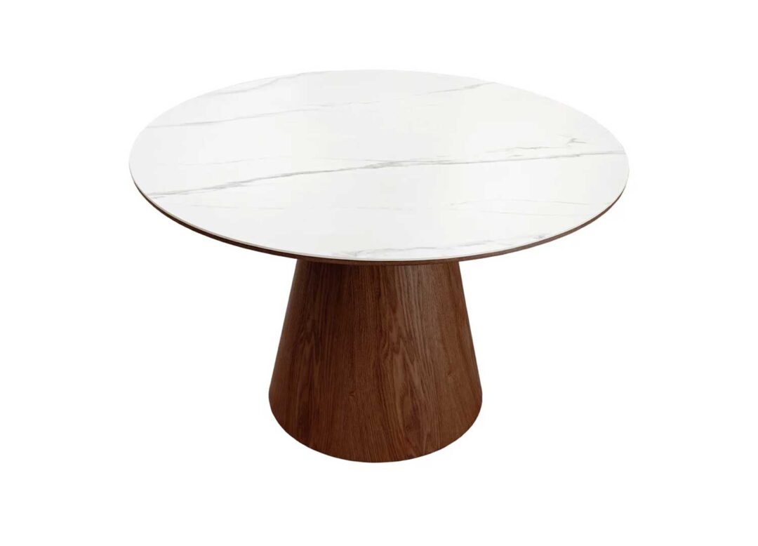 Table à manger ronde 120cm aspect bois de noyer et marbre blanc