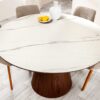 Table à manger ronde 120cm aspect bois de noyer et marbre blanc