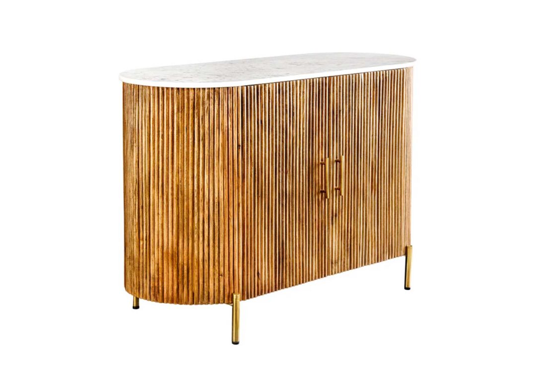 Buffet 2 portes bois de manguier strié avec plateau en marbre blanc