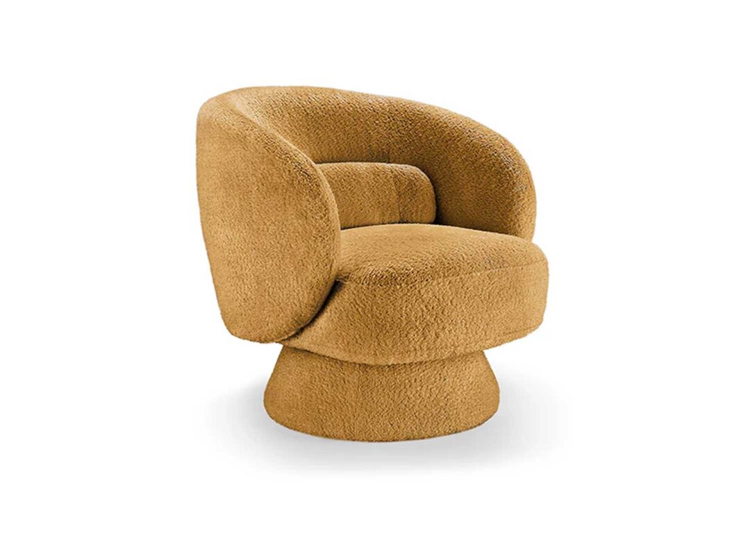 Fauteuil rotatif en tissu bouclé jaune moutarde