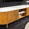 Meuble tv 140 cm bois de manguier strié et plateau en marbre blanc