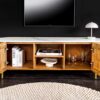 Meuble tv 140 cm bois de manguier strié et plateau en marbre blanc