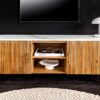 Meuble tv 140 cm bois de manguier strié et plateau en marbre blanc